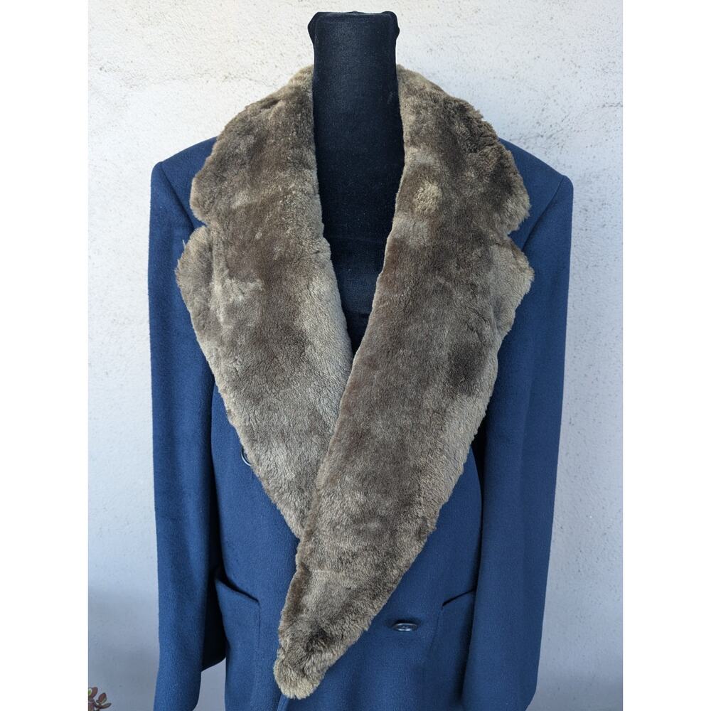 💜Perry Ellis 1980s Navy Wool Maxi Coat Faux Fur Collar - Picture 4 of 15
